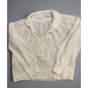 Vintage 70s Puff Sleeve Sweater Collared Large Cream Open Knit Hippie